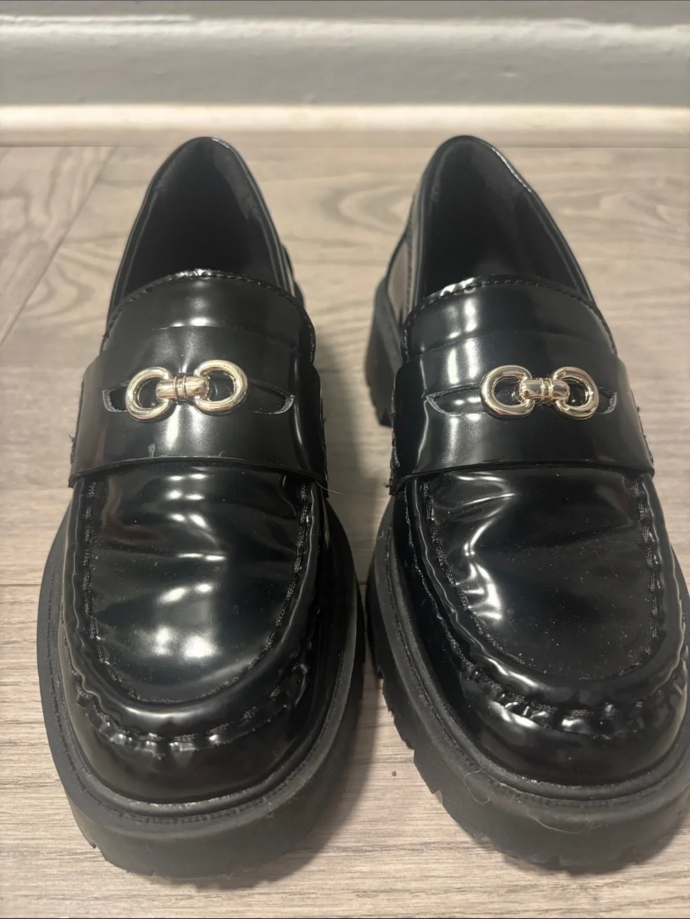 Kids Zara Black Patent Loafers with Metal Link Accent